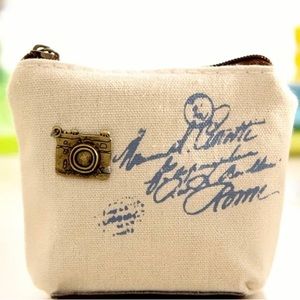 Retro Zippered Beige Canvas Coin Purse Bag with camera design